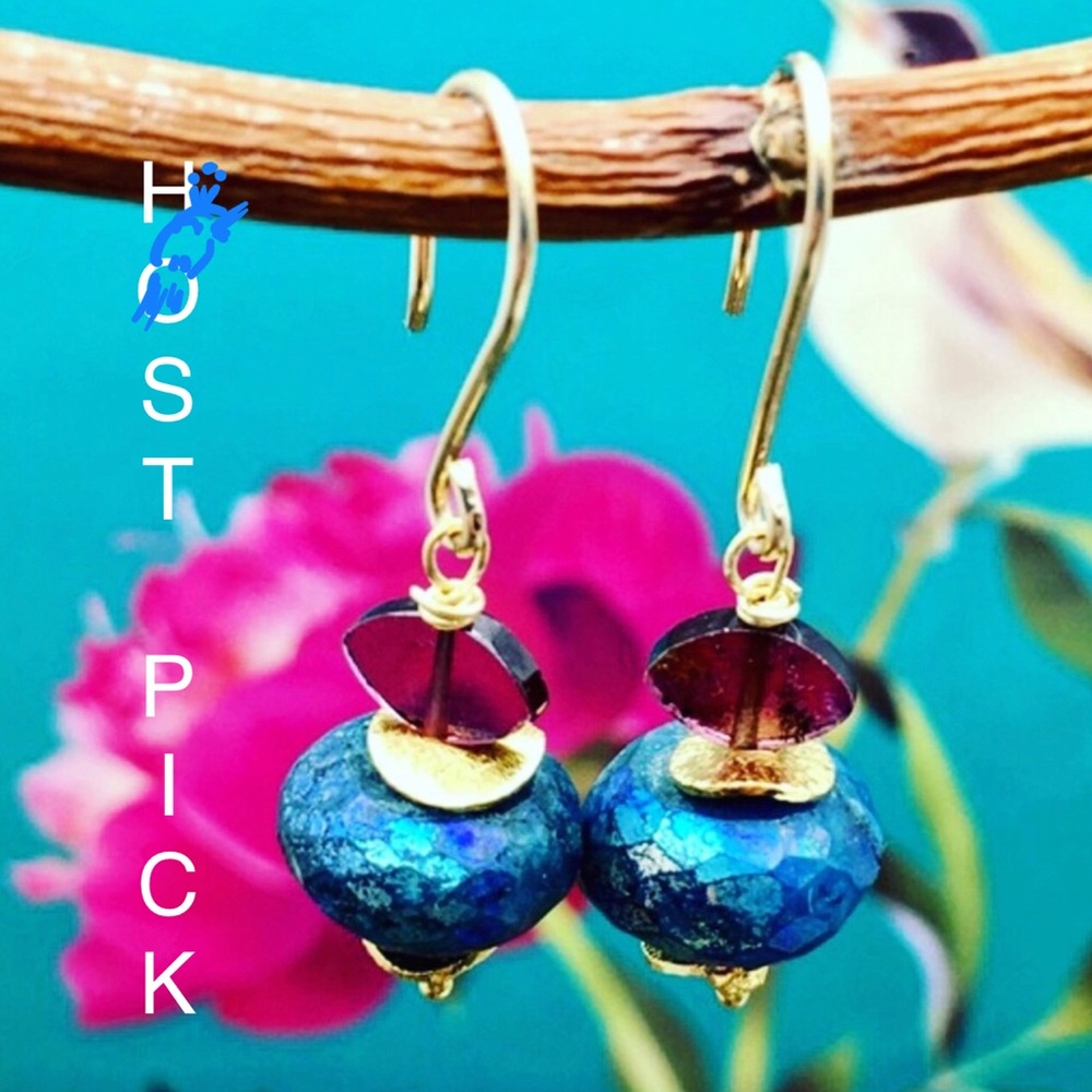 Matana blue Chrysocola & garnet handmade earrings